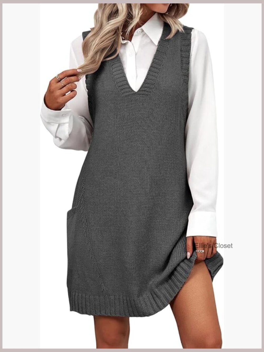 V Neck Sleeveless Knit Sweater Vest Dress with Pockets